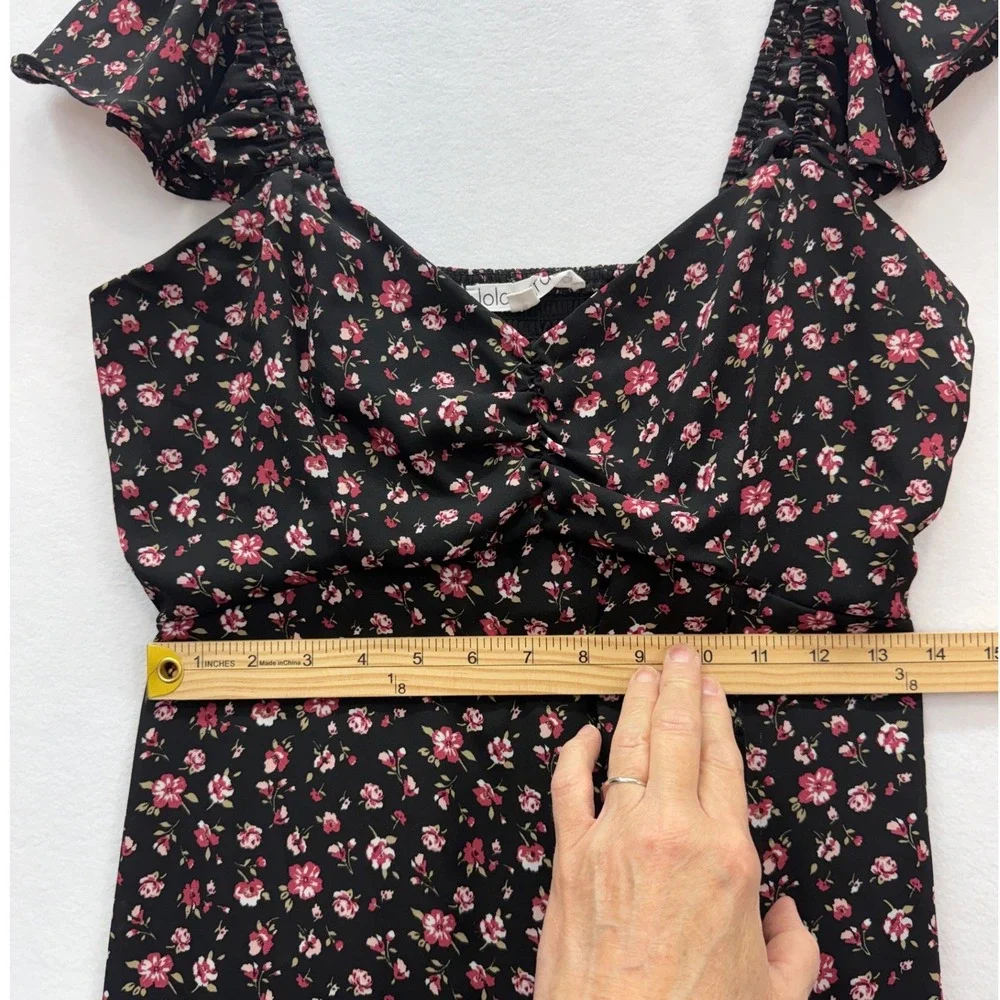 Lola Grace Floral Midi Dress Womens Medium Black Pink Flutter Sleeve Cottagecore